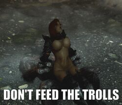 1boy 1girls animated arm_grab armor bare_breasts bare_midriff bare_thighs big_breasts bikini_armor bouncing_breasts breasts defeat defeated defeated_heroine english_text female female_orc female_penetrated fucked_silly gif interspecies kunjin_gra-zob male male_penetrating meme monster nipples orc orc_female rape red_hair reverse_cowgirl_position short_playtime skyrim text the_elder_scrolls troll unconvincing_armor