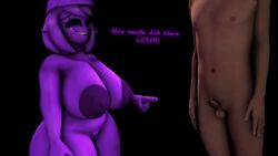 1boy 1girls 3d 3d_(artwork) big_breasts female female_focus five_nights_at_freddy's five_nights_at_freddy's:_security_breach five_nights_at_freddy's_2 fnaf hourglass_figure huge_breasts ketadune laugh partial_male pointing_at_viewer purple_hair purple_nipples purple_skin rule_63 small_penis small_penis_humiliation smile sph teasing teasing_viewer text thick_thighs tiny_penis voluptuous wendy_afton