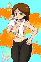 1girls alternate_breast_size artist_signature breasts brown_hair cropped_legs dan_the_man eyebrows_visible_through_hair female female_only hameneko josie_(dan_the_man) large_breasts looking_at_viewer nipples pants solo standing sweat sweatdrop sweating sweaty topless towel