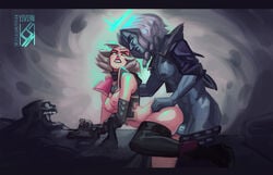 boots breasts from_behind glowing_eyes green_eyes league_of_legends nipples one_leg_up penis riot_games riven sentinel_riven sex short_hair single_thighhigh tagme the_ruined_king_saga viego_(league_of_legends) white_hair yivirn