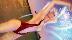 1girls 3d alisaie_leveilleur ass closed_eyes elezen final_fantasy final_fantasy_xiv gpose(ffxiv) hair_ribbon navel one-piece_swimsuit ponytail revealing_clothes sideboob sling_bikini solo solo_female solo_focus square_enix stretching swimsuit white_hair zly