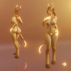 2021 3d alliance_(warcraft) big_ass big_breasts big_butt blizzard_entertainment brown_hair draenei elynira female glowing glowing_eyes glowing_hands glowing_horns glowing_tail glowing_tattoo gold golden_eyes hooves horns horns_and_hooves jewelry large_ass lightforged_draenei naked necklace nude original_character pose tail tattoo thegrteam warcraft world_of_warcraft yellow_skin