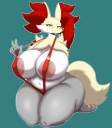 anthro big_breasts big_thighs breasts delphox fox game_freak green_background nintendo on_knees pokemon sling_bikini vulpine zieis