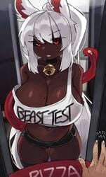 1boy 1girls 2021 alternate_version_available animal_ears beauty_mark bell_choker belly_button black_panties black_sclera booty_shorts breasts choker cleavage clothes_writing coco_(bakeneko) dark-skinned_female dark_skin delivery delivery_employee dolphin_shorts english_text eyebrows_visible_through_hair faceless_male female female_focus hips huge_breasts light-skinned_male light_skin long_hair looking_at_viewer male male_pov midriff mole_on_breast original original_character panties pizza pov red_eyes short_shorts shorts slim_waist straight tail talking_to_viewer tank_top text text_on_clothing thick_thighs thighs white_hair wide_hips zanamaoria