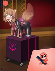 bodysuit bondage brainwashing cart censored female helpless hypnosis immobile latex latex_suit mind_control raccoon raccoon_ears raccoon_girl raccoon_tail raphtalia restrained rosvo rubber_suit smile stationary_restraints tate_no_yuusha_no_nariagari tight_clothing