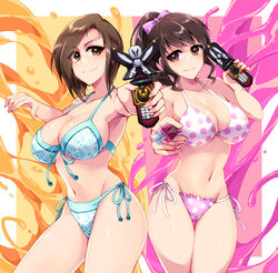 2girls ahim_de_famille alluring bikini black_hair brown_eyes holding_phone kaizoku_sentai_gokaiger luka_millfy masked_liner mobirate phone princess super_sentai voluptuous