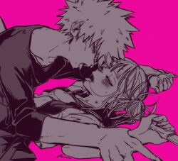 1boy 1boy1girl 1girls after_kiss female hickey hickey_marks himiko_toga ikapnmn2 katsuki_bakugou kissing knife making_out male male/female my_hero_academia open_mouth passionate pinned pinned_arms pinned_down sailor_uniform saliva saliva_string school_uniform spiky_hair straight tongue tongue_kiss tongue_out villain