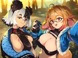 2girls admiral_bahroo big_breasts breasts bunny_gif cleavage female female_only glasses indie_virtual_youtuber large_breasts looking_at_viewer open_mouth optionaltypo selfie virtual_youtuber