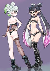 2girls alternate_costume armwear asymmetrical_clothes boots callie_(splatoon) choker combat_boots cross-shaped_pupils earrings female female_focus female_only fingerless_gloves heels high_heel_boots high_heels inkling kemonomimi koharuno2 leather leather_boots leather_gloves looking_at_viewer marie_(splatoon) multiple_girls nintendo pale_skin petite red_pupils revealing_clothes see_through short_shorts simple_background small_breasts smile solo solo_female solo_focus splatoon squid squid_girl squid_sisters tentacle tentacle_hair yellow_eyes zipper_panties