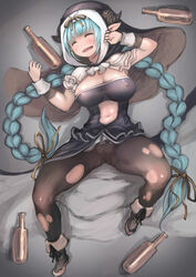 1girls alcohol blue_hair bottle braid breasts closed_eyes covered_nipples draph drunk female from_above granblue_fantasy highres johan_(johan13) lamretta_(granblue_fantasy) long_hair lying navel_cutout on_back open_mouth pantyhose pointy_ears saliva sleeping smile solo spread_legs torn_clothes torn_pantyhose twin_braids very_long_hair