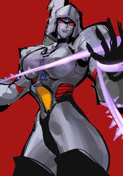 abs big_breasts decepticon dominatrix grin helmet leotard megatron muscular_female red_eyes robot_girl rule_63 thick_thighs thighhighs transformers whip