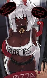 1boy 1girls 2021 alternate_version_available animal_ears beauty_mark bell_choker belly_button black_panties black_sclera booty_shorts breasts choker cleavage clothes_writing coco_(bakeneko) dark-skinned_female dark_skin delivery delivery_employee dialogue dolphin_shorts english_text eyebrows_visible_through_hair faceless_male female female_focus hips huge_breasts inviting_to_sex light-skinned_male light_skin long_hair looking_at_viewer male male_pov midriff mole_on_breast original original_character panties pizza pov red_eyes short_shorts shorts slim_waist speech_bubble straight tail talking_to_viewer tank_top text text_on_clothing thick_thighs thighs white_hair wide_hips zanamaoria