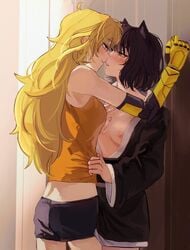 2girls against_wall ahoge black_hair blake_belladonna blonde_hair blush canon_couple cat_ears exposed_breasts eye_contact faunus groping happy imminent_kiss kimono kimosugimasu kimosugimasu_(artist) light_skin long_hair love medium_breasts multiple_girls naizo_(kimosugimasu) no_bra prosthetic prosthetic_arm purple_eyes romantic romantic_couple rwby short_hair yang_xiao_long yellow_eyes yuri