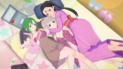 3girls bed black_hair blush bra braid braided_hair camelot cat_ears cuddling doll female_only golden_sun golden_sun_dark_dawn green_eyes green_hair himi himi_(golden_sun) hug hugging junazura karis karis_(golden_sun) kemonomimi kimono laptop large_breasts long_hair looking_at_viewer multiple_girls nintendo panties petite plushie ponytail purple_eyes red_eyes sleepover small_breasts sveta sveta_(golden_sun) twin_braids twintails