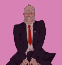 1boy cecil_stedman consensual dilf embarrassed flushed flustered fully_clothed invincible male/ambiguous male_only old_man older_male pink_background shaded soft sweating