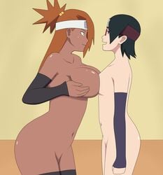 2girls akimichi_chouchou annoyed arm_warmers asymmetrical_hair big_breasts black_hair boruto:_naruto_next_generations breast_envy breast_press breast_size_difference breast_to_breast breasts clenched_fist clenched_hand comparing cristalmanor dark-skinned_female dark_skin docking face_to_face female female_only frustrated glasses headband light-skinned_female light_skin looking_at_another looking_at_partner multiple_girls naruto naruto_(series) orange_hair sarada_uchiha small_breasts smile standing thighhighs tied_up twintails wide_hips