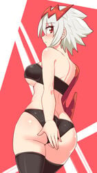 1girls ass ass_cleavage blush bra butt_crack cougar1404 covering_ass dat_ass dragon dragon_girl dragon_marked_for_death empress_(dmfd) fit fit_female horn horns inti_creates looking_at_viewer looking_back pale_skin panties red_eyes red_scales scar thighhighs