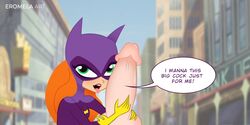 1girls barbara_gordon batgirl big_penis dc dc_comics dc_super_hero_girls dialogue dialogue_bubble eromelaart female_focus imminent_oral light-skinned_female partial_male penis pov speech_bubble superheroine