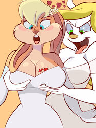 2girls animaniacs animaniacs_(2020) anthro bedroom_eyes big_breasts big_ears blonde_female blonde_hair blue_eyes blush breasts bride clothed clothing curvaceous curvy curvy_figure detailed_background dress eyelashes eyeshadow female fur furry gloves green_eyes hair heart hourglass_figure hugotaker lagomorph lagomorph_humanoid leporid leporid_humanoid lola_bunny long_hair looking_down looney_tunes love makeup mammal minerva_mink mink mustela mustelid mustelid_humanoid musteline narrowed_eyes orange_body orange_fur orange_skin partially_clothed rabbit rabbit_ears rabbit_girl rabbit_humanoid seductive shoulder_pads sideboob smile space_jam standing surprised tattoo thick_thighs tight_clothing voluptuous warner_brothers wedding wedding_dress wedding_lingerie white_body white_dress white_fur white_skin wide_hips yuri