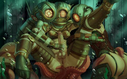 1futa 2girls areolae balls big_penis big_sister_(bioshock) bioshock bioshock_2 bondage breasts clothed clothing diving_suit erection female full-package_futanari futa_on_female futanari handjob helmet human light-skinned_female light-skinned_futanari light_skin mostly_nude nightmare_waifu nipples oxygen_tank pale_skin penis pussy spread_legs tentacle themaestronoob underwater water