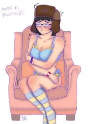 blush bow_bra bow_panties bracelets cleavage covering curly_hair dablasketz erect_nipples eyes_closed glasses kneesocks member nerd nipples_visible_through_clothing rule_63 shivering sitting square_glasses tagme ushanka