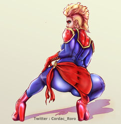 1girls apple_butt ass ass_focus avengers blonde_hair blue_eyes bodysuit bubble_ass bubble_butt captain_marvel carol_danvers cordacroro dat_ass female female_superhero light-skinned_female light_skin looking_at_viewer marvel marvel_comics mature mature_female mature_woman pawg round_ass seductive seductive_eyes seductive_look skin_tight solo solo_female superhero superheroine waist wide_hips