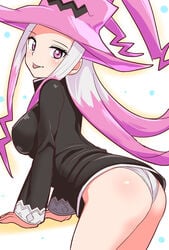 1girls ass blush cougar1404 dat_ass dragon dragon_marked_for_death inti_creates large_breasts long_hair looking_at_viewer pale_skin panties pantyshot pink_eyes pink_scales smile thick_thighs white_hair witch witch_(dmfd) witch_hat