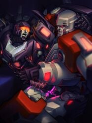 alien_genitalia anal autobot hand_on_belly megatron one_leg_up open_mouth red_eyes robot trailblazer_(transformers) transformers yaoi