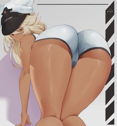 1girls 2021 araneesama arc_system_works artist_signature ass ass_focus ass_shot back back_view bending_over bent_over blonde_hair booty_shorts brown_skin bubble_butt cameltoe cutesexyrobutts_(style) dark-skinned_female dark_skin female female_focus female_only guilty_gear guilty_gear_strive guilty_gear_xrd hi_res large_ass ramlethal_valentine red_eyes short_shorts shorts simple_background thick_thighs thighs