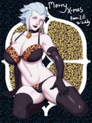 1girls belly belly_button blue_eyes dark_lipstick female final_fantasy final_fantasy_xiv gloves large_breasts leopard_print lilirulu lingerie merlwyb_bloefhiswyn pale-skinned_female pale_skin roegadyn thighhighs white_hair