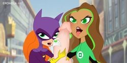 1boy 2girls barbara_gordon batgirl big_penis brown_hair cum_begging dark-skinned_female dc dc_comics dc_super_hero_girls dialogue eromelaart female_focus green_eyes green_lantern handjob imminent_cumshot imminent_oral interracial jessica_cruz latina light-skinned_female long_hair oral partial_male penis pov superheroine throat tongue_out