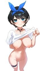 1girls aqua_eyes areolae big_breasts black_hair blush breasts choker clothes_lift collar collarbone cute ett exposed_breasts female female_only hair_ribbon happy happy_female highres kanojo_okarishimasu knees_together_feet_apart legs looking_at_viewer naked navel nipples no_bra no_panties no_pussy nude partially_clothed pixie_cut presenting presenting_breasts sarashina_ruka see-through_clothing shirt_lift short_hair smile solo t-shirt thick_thighs thigh_strap thighs thin_female very_short_hair white_background wide_hips