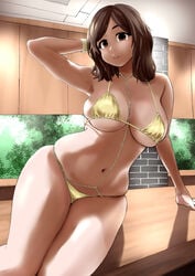 arm_behind_head between_breasts bikini bracelet breasts brown_eyes brown_hair curvy eyebrows_behind_hair feet_out_of_frame female female highres indoors jewelry large_breasts leaning_to_the_side medium_hair midriff navel necklace nekoguchi original parted_lips pearl_necklace skindentation solo stomach swimsuit thick_thighs thighs underboob yellow_bikini