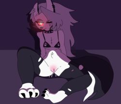 bikini_top drawinecchi furry goth gray_hair helluva_boss loona_(helluva_boss) no_panties paws pussy pussy_juice pussy_juice_drip red_eyes red_glow ripped_clothing ripped_stockings skull_bra stockings tail wet wet_pussy white_fur wolf yiff