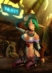 1girls bare_midriff bare_shoulders big_breasts blush breasts busty cleft_of_venus curvaceous curvy curvy_body curvy_female curvy_figure detailed_background erect_nipples erect_nipples_under_clothes facing_viewer female female_focus female_only front_view goggles goggles_around_neck green_eyes green_hair hips jak_and_daxter keira_hagai large_breasts long_ears looking_at_viewer loose_clothes loose_pants midriff nipples on_knees pointy_ears purple_pants tagme tank_top voluptuous wide_hips yuqoi