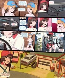 2boys aidan_(bdone) bdone bicycle bike blonde_hair brown_hair cap clothing comic dialogue femboy hat highres human long_hair original outdoors pale-skinned_male pale_skin ponytail public ryo_(bdone) shorts speech_bubble text trap