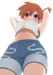 2020s 2021 :o absurdres arms_behind_head arms_up blue_eyes blush breasts creatures_(company) crop_top denim denim_shorts female from_below game_freak gym_leader highres kasumi_(pokemon) midriff misty_(pokemon) misty_(pokemon_lgpe) navel nintendo orange_hair pokémon_trainer pokemon pokemon_(game) pokemon_lgpe prophecy_(rakuichimonji) shorts side_ponytail simple_background sleeveless solo standing stomach tank_top tomboy white_background