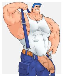 advance_wars balls bara big_pecs blue_hair boner erection male male_focus male_only max_(advance_wars) muscles muscular nintendo nipples penis penis_through_fly phosbara short_hair solo solo_male