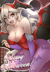 1340smile 1girls alternate_costume bangs bare_shoulders breasts cleavage clothing corrin_(fire_emblem) corrin_(fire_emblem)_(female) cosplay darkstalkers demon_wings fangs female fire_emblem fire_emblem_fates hair_ornament hairband halloween halloween_costume highres large_breasts leotard lilith_aensland lilith_aensland_(cosplay) long_hair nintendo pantyhose platinum_blonde_hair pointy_ears purple_legwear red_eyes red_leotard smile succubus thighs twitter_username wings