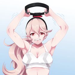 1girls absurdres alternate_costume alternate_hairstyle armpits arms_up bangs biceps breasts cleavage clenched_teeth corrin_(fire_emblem) corrin_(fire_emblem)_(female) electronics exercise female fire_emblem fire_emblem_fates game_controller hairband highres joy-con jpeg long_hair nintendo pilates_ring platinum_blonde_hair pointy_ears ponytail red_eyes ring_fit_adventure ringcon_controller seityr sports_bra sportswear teeth training