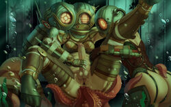 1futa 2girls anal areolae balls big_penis big_sister_(bioshock) bioshock bioshock_2 breasts clothed clothing diving_suit erection female full-package_futanari futa_on_female futanari handjob helmet human light-skinned_female light-skinned_futanari light_skin mostly_nude nipples pale_skin penis pussy spread_legs tentacle tentacle_sex themaestronoob underwater water