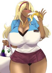 alyson_(eroblast) banana black_bra black_panties blonde_hair blush bra bracelet brown_eyes cashier cleavage dark-skinned_female dark_skin eggplant eroblast eyelashes fellatio female fruit groceries grocery_bag gyaru hairband handjob_gesture hoop_earrings huge_breasts lipgloss long_fingernails long_hair looking_down miniskirt name_tag pendant perselon red_hairband scrunchie_on_wrist sexually_suggestive sidelocks simulated_fellatio solo standing store_clerk thick_thighs thighs turnip vegetable visible_underwear white_background wrinkled_fabric