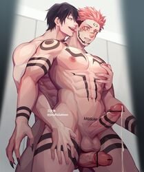 2boys abs age_difference balls big_penis claws cum dripping erection four_eyes gay grabbing_from_behind joraffasalmon jujutsu_kaisen licking male/male male_only muscular muscular_male nipple_pinch nipple_squeeze nipples older_male pale-skinned_male pale_skin pecs pectoral_grab pectorals penis pink_hair ryoumen_sukuna_(jujutsu_kaisen) spotlight tagme tattoo thigh_grab toji_fushiguro toned toned_male yaoi younger_male