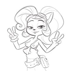 1girls breasts coco_bandicoot crash_(series) female fur furry hotbrotkuroi overalls peace_sign sketch small_breasts solo