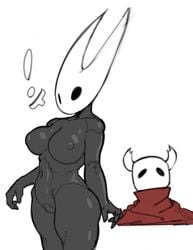 1girls 3_fingers ambiguous_gender anthro barely_visible_genitalia barely_visible_pussy belly_button black_skin breasts cloak clothed clothed/nude color dare_to_exist digital_media_(artwork) exclamation fecharis female hands hi_res highlights_(coloring) hollow_knight hornet_(hollow_knight) insect_girl insects navel nipple_bulge nipple_outline no_areola nude oversized_clothes portrait protagonist_(hollow_knight) pussy red_cloak segmented simple_background speech_bubble standing stolen_clothes team_cherry thick_thighs vessel_(species) video_games white_background