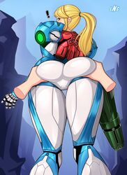 ! 1girls armor ass ass_focus ass_grab big_ass big_butt blonde_hair blue_eyes blush bodysuit disembodied_hand eye_contact female gloves long_hair loodncrood looking_at_viewer looking_back metroid metroid_dread nintendo ponytail power_suit samus_aran standing thick_thighs thighs