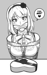 1girls blush bondage bowtie box chocolate_box cleave_gag cloth_gag clothes_gag dagashi_kashi female female_only femsub gag gagged gagged_speech happy_sub head_tilt headband heart_box monochrome rope rope_bondage shidare_hotaru talking_to_viewer valentine's_day wossarem