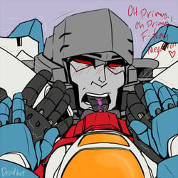 blush cum_on_tongue cunnilingus cuntboy decepticon dialogue holding_hands intersex megatron moaning pov pussy_juice robot spread_legs starscream transformers