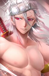 armband armlet demon_slayer facial_mark hair_down headband headwear kimetsu_no_yaiba male male_only muscular muscular_male pecs red_eyes silver_hair smile solo solo_male spirit_(artist) sword topless upper_body uzui_tengen