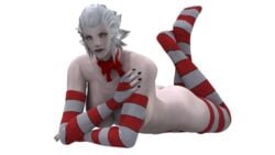 1girls christmas christmas_outfit exposed_belly exposed_thighs female final_fantasy final_fantasy_xiv lipstick merlwyb_bloefhiswyn neck_ribbon pale-skinned_female pale_skin panties ribbon_choker roegadyn socks teasing underwear white_eyes white_hair